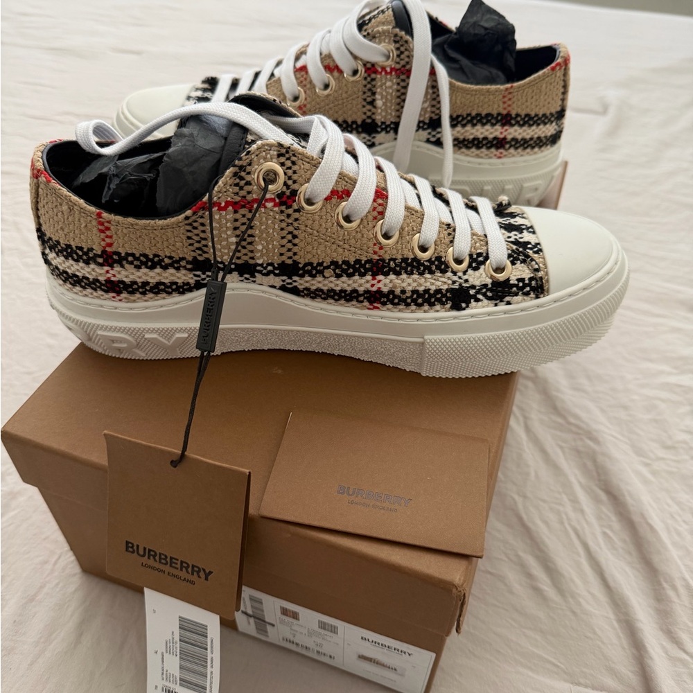 Burberry Beige and Black Checkered Sneakers